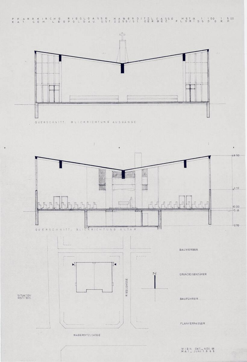 Clemens Holzmeister, Wien, 21. Bezirk, Pfarrzentrum Leopoldau; Entwicklungsvariante; Querschnit…