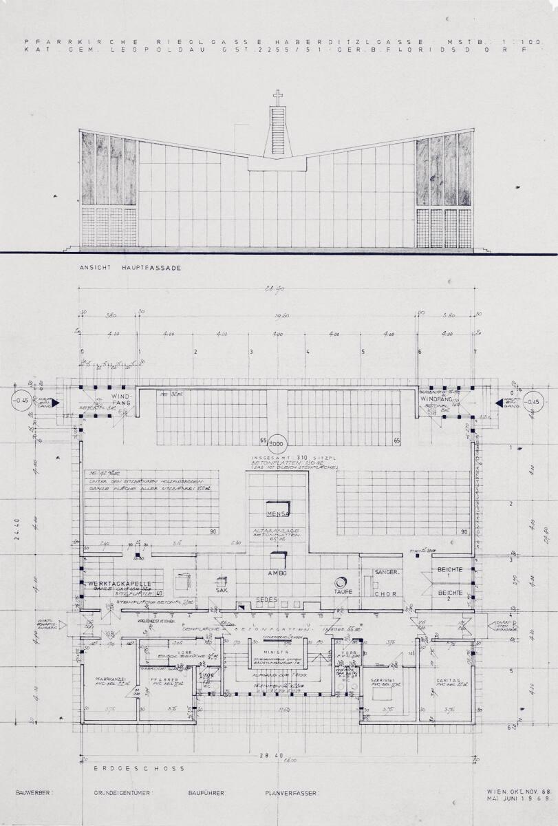 Clemens Holzmeister(?), Wien, 21. Bezirk, Pfarrzentrum Leopoldau; Entwicklungsvariante; Vordera…