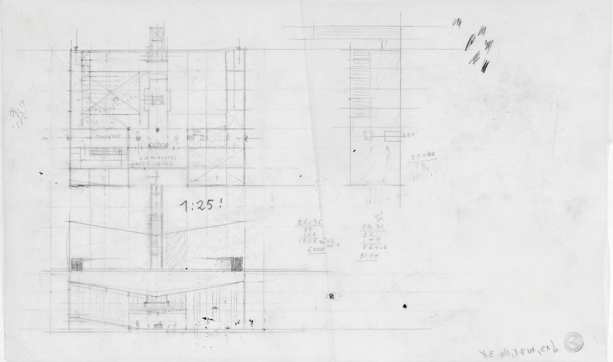 Clemens Holzmeister, Wien, 21. Bezirk, Pfarrzentrum Leopoldau; Entwicklungsvariante; Studie; Gr…
