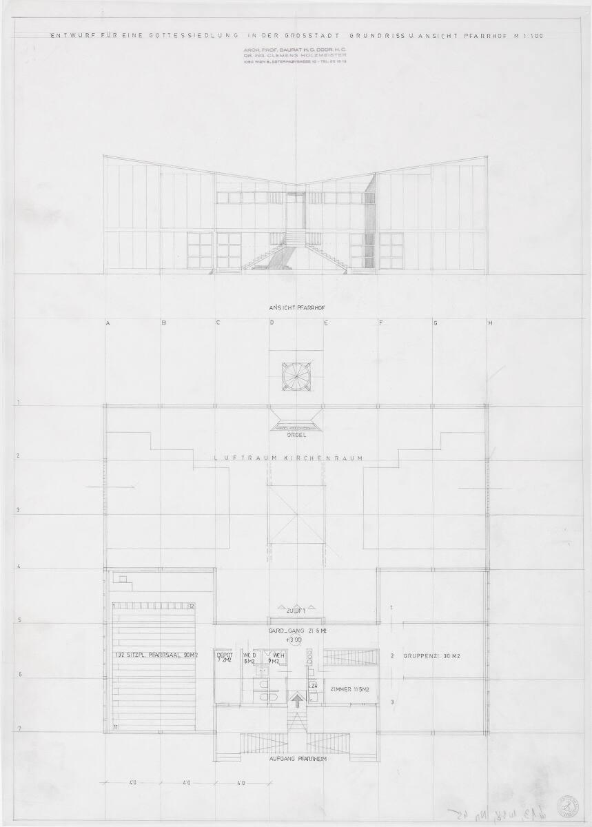 Clemens Holzmeister(?), Entwurf für eine Gottessiedlung in der Großstadt; Rückansicht (Ansicht …