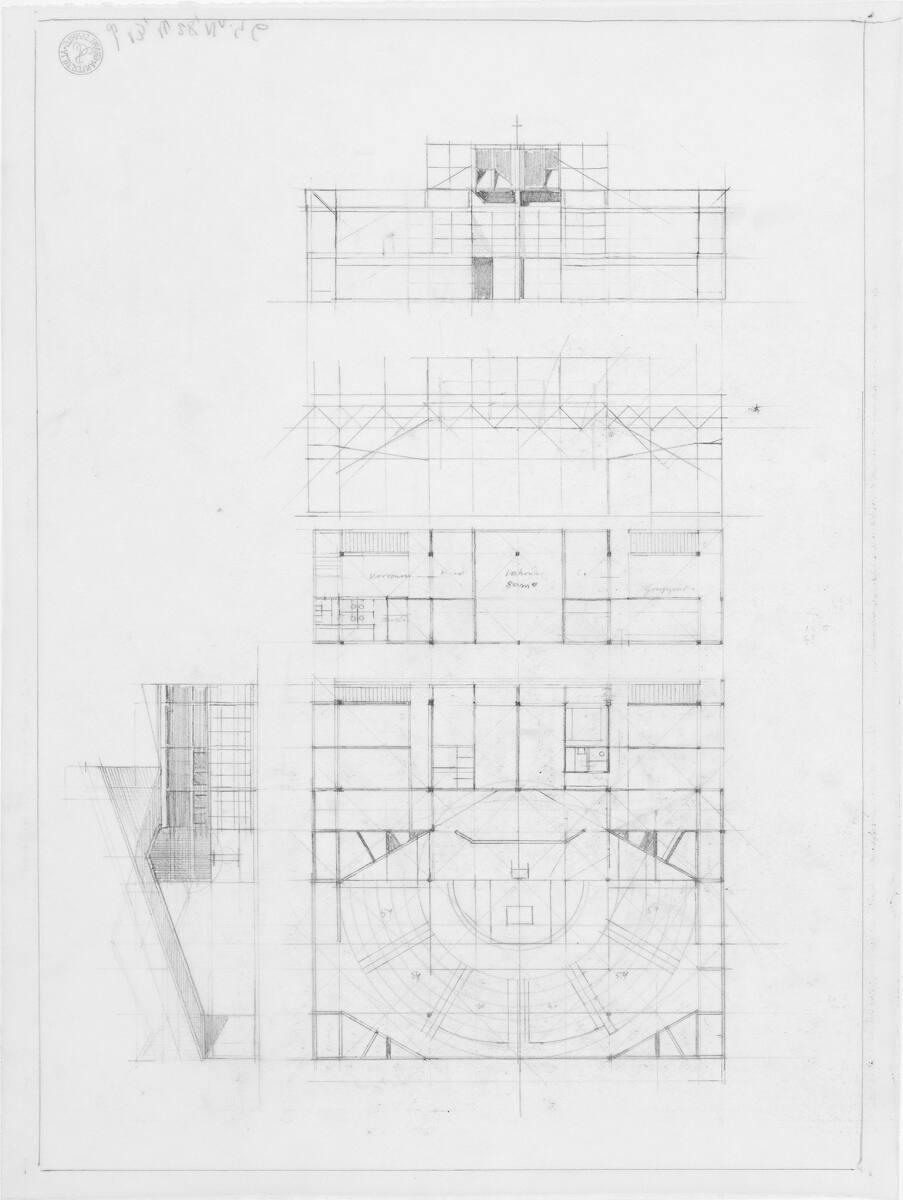 Clemens Holzmeister(?), Wien, 21. Bezirk, Pfarrzentrum Leopoldau; Entwicklungsvariante; Studie;…