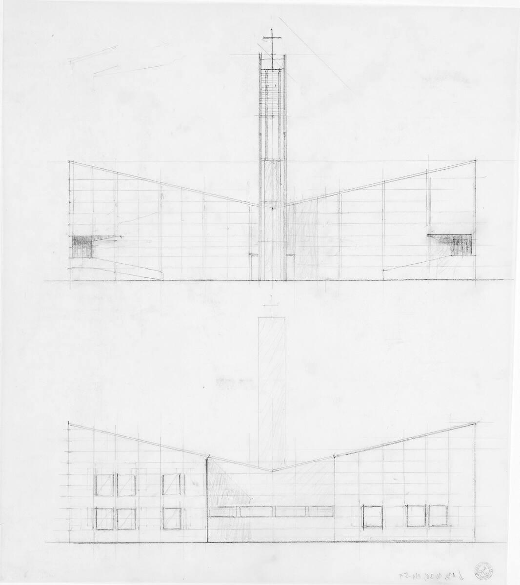 Clemens Holzmeister, Wien, 21. Bezirk, Pfarrzentrum Leopoldau; Studie; Vorderansicht (Turmseite…