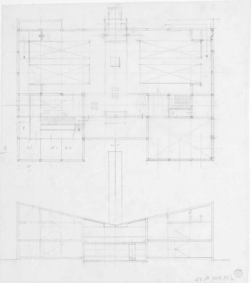 Clemens Holzmeister, Wien, 21. Bezirk, Pfarrzentrum Leopoldau; Entwicklungsvariante; Studie; Gr…