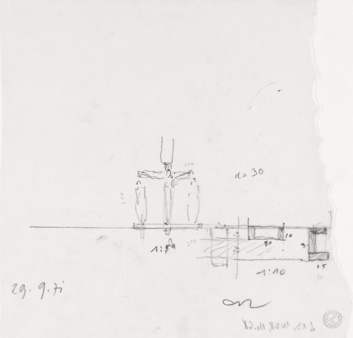 Clemens Holzmeister, Wien, 21. Bezirk, Pfarrzentrum Leopoldau; Studie; Kreuzgruppe an der Rückw…