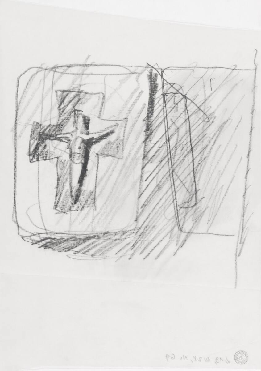 Clemens Holzmeister, Wien, 21. Bezirk, Pfarrzentrum Leopoldau; Altarbereich; Studie; Kreuz, Ans…