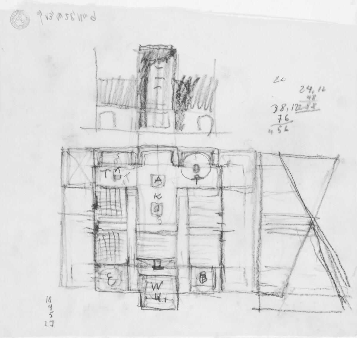 Clemens Holzmeister, Wien, 21. Bezirk, Pfarrzentrum Leopoldau; Entwicklungsvariante; Studie; An…