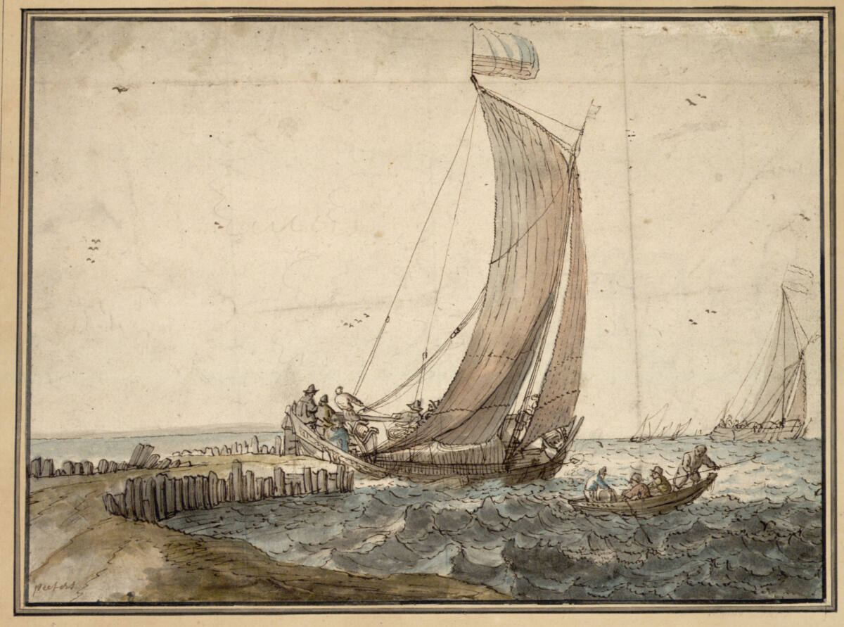 Segelboot bei starkem Wind vor einem Pier, BonaventuraPeeters