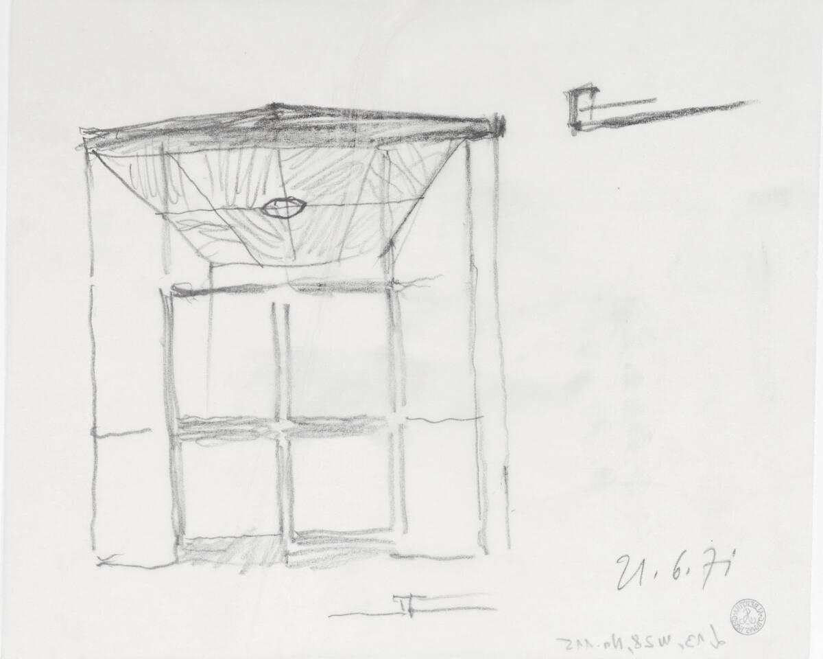 Clemens Holzmeister, Wien, 21. Bezirk, Pfarrzentrum Leopoldau; Studie; Eingangstür (?), Ansicht…