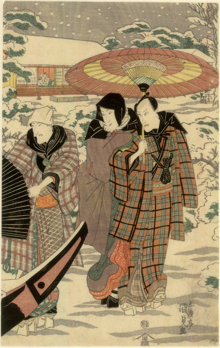 Alte Frau und junges Paar im Schnee, Utagawa Kunisada
