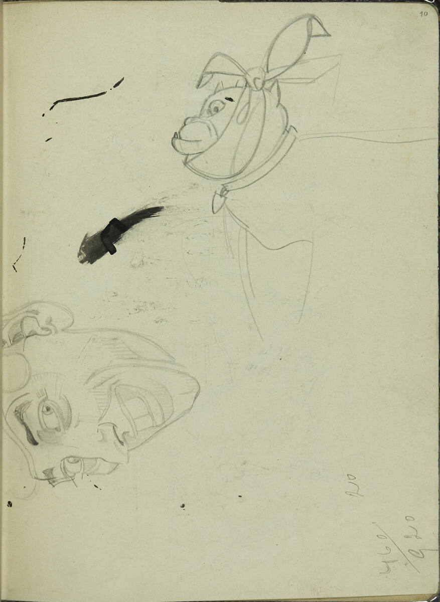 Karikierter Männerkopf, karikierter Hund; Zahlen, Franz Wacik, 1915