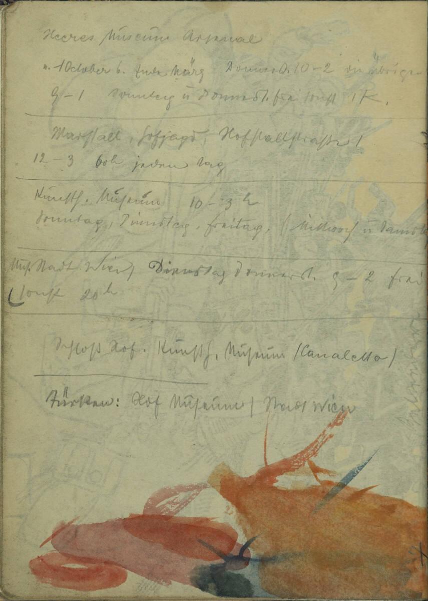 Franz Wacik, Notizen zu Museumsöffnungszeiten; Farbproben; Beschriftung, Inv. Nr.: 38796/13v