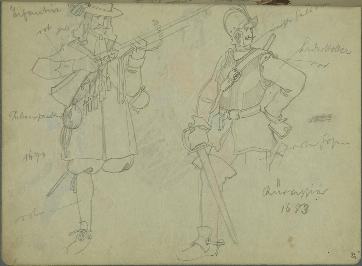 Franz Wacik, Infantrist, Kürassier, beide mit Farbangaben, Inv. Nr.: 38796/25r