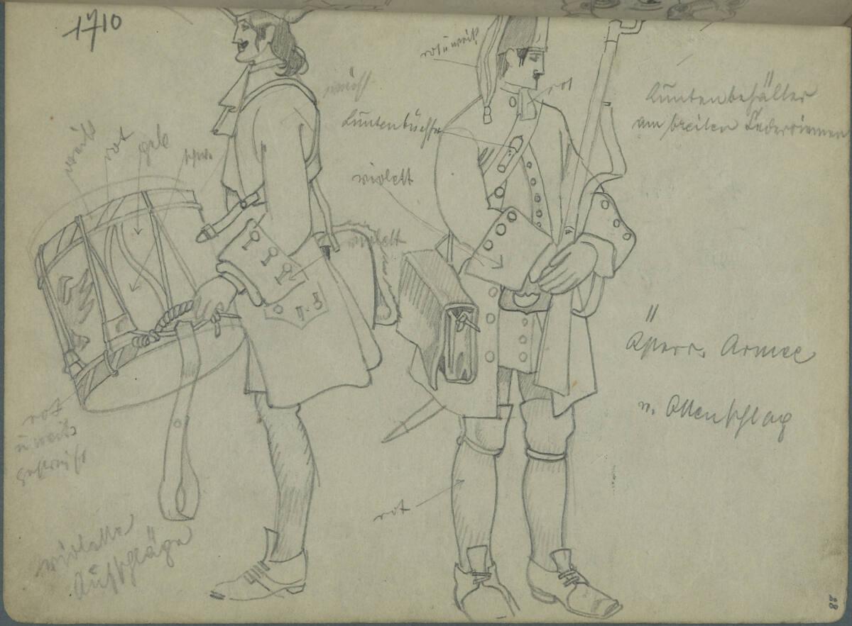 Franz Wacik, Trommler, Soldat, beide mit Farbangaben und Beschreibung des Zubehörs, Inv. Nr.: 3…