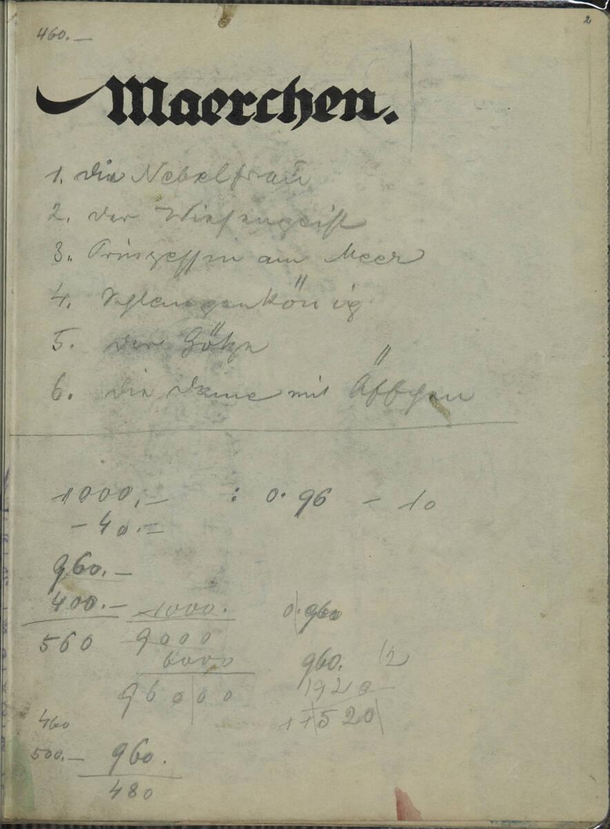 Franz Wacik, Einige Märchentitel; Rechnungen, Inv. Nr.: 38796/2r