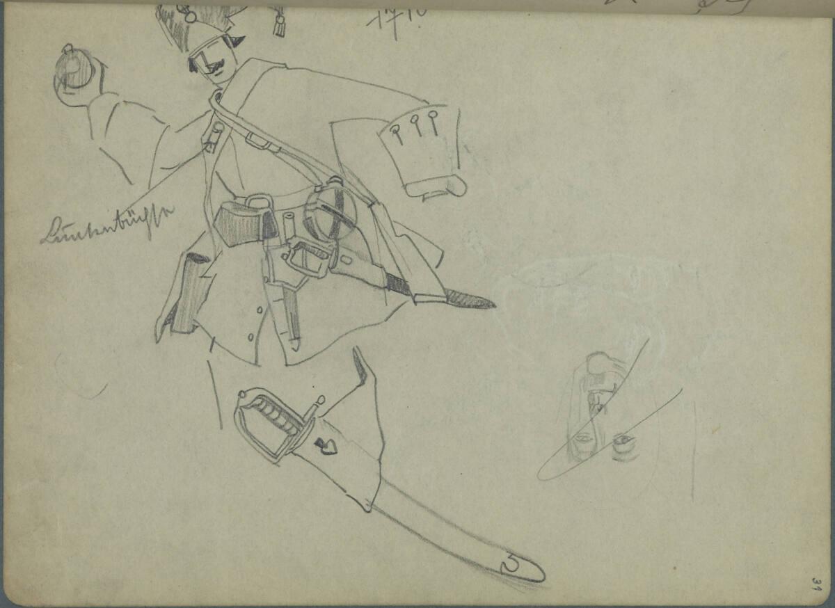 Franz Wacik, Soldat mit Luntenbüchse; Detail des Degens; Skizze eines Gesichtes (im Skizzenbuch…