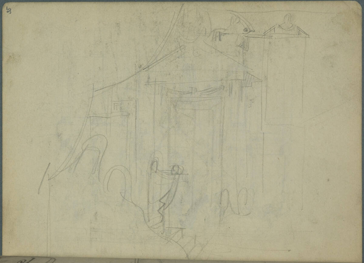 Grobe Architekturskizze mit Figuren davor, Franz Wacik, 1915