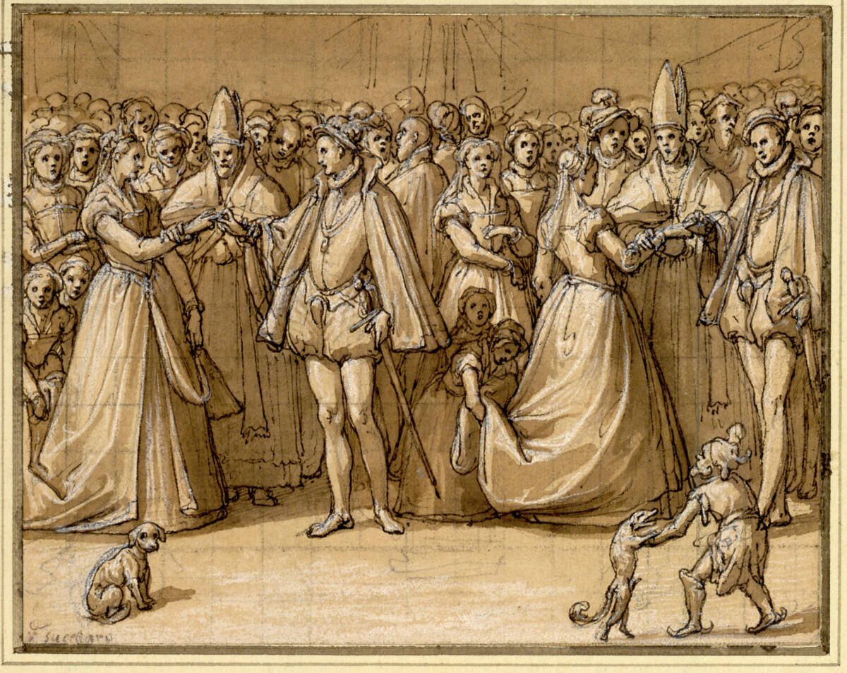 Fürstliche Doppelhochzeit. (Beide Paare werden von Bischöfen getraut; viele Leute im Hintergrund; vorne ein Zwerg mit einem Hund und ein weiterer Hund), Federico Zuccari