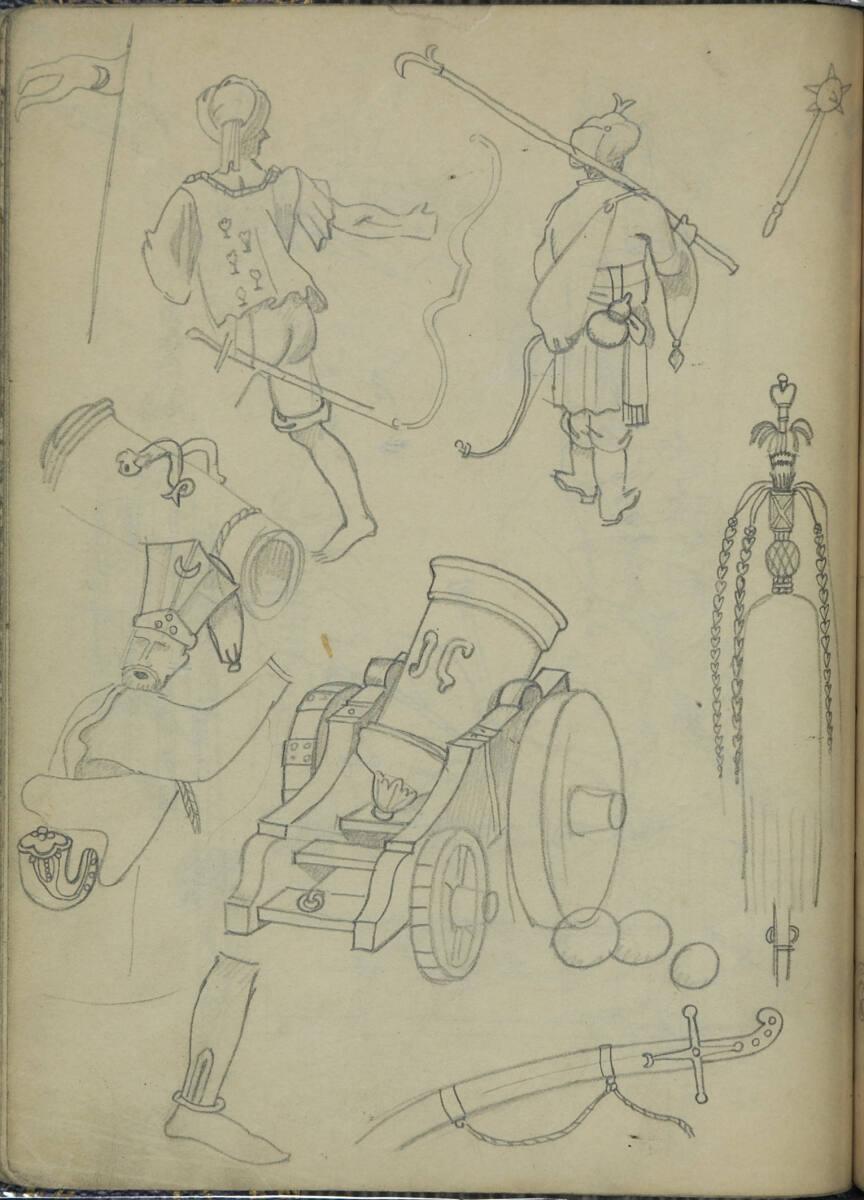 Franz Wacik, Verschiedene Skizzen zu Soldaten, Kriegsgerätschaft und -schmuck, Inv. Nr.: 38796/…