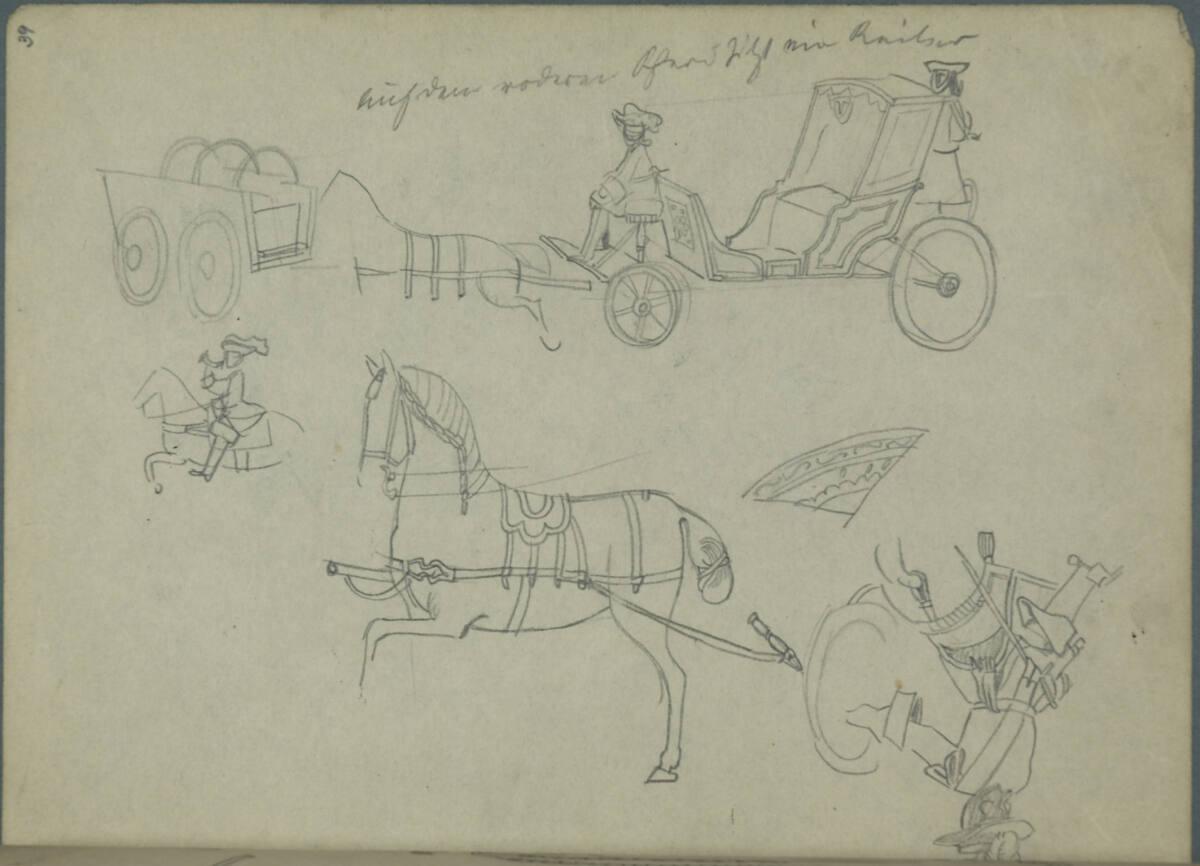 Franz Wacik, Verschiedene Skizzen und Detailskizzen einer edlen Pferdekutsche (zum Teil kopfste…