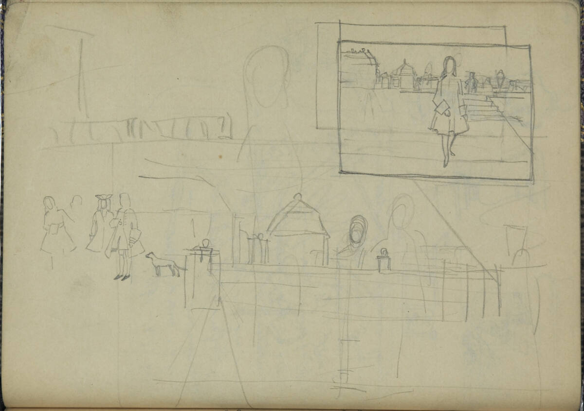 Skizze eines Schlosses (Belvedere?) mit Figuren; Bildkompositionsskizze mit Prinz Eugen (?) vor Schloss (Belvedere?), Franz Wacik, 1915