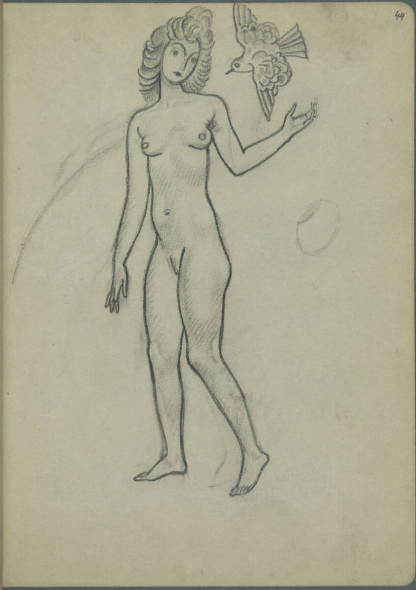 Puppenhafte Skizze eines weiblichen Aktes mit Taube, Franz Wacik, 1915