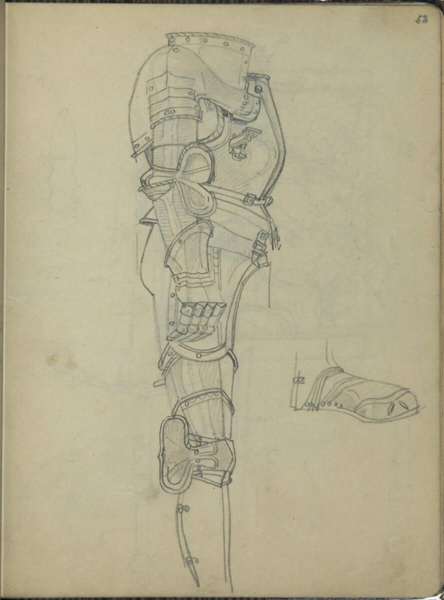 Franz Wacik, Teilskizzen einer Ritterrüstung im Profil, Inv. Nr.: 38796/52r
