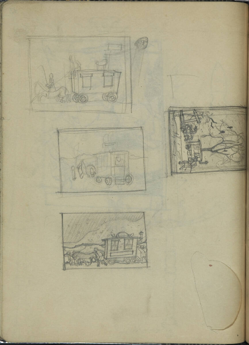 Verschiedene kleine Kompositionsskizzen mit einer Pferdekutsche, Franz Wacik, 1915