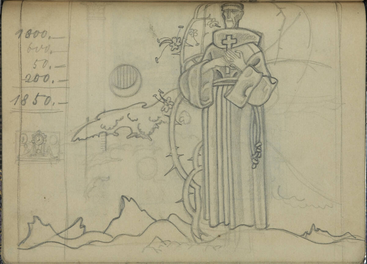 Märchenhafte Bildkomposition mit einem Ordensbruder in der Landschaft; Rechnung; Miniskizze einer Standuhr, Franz Wacik, 1915