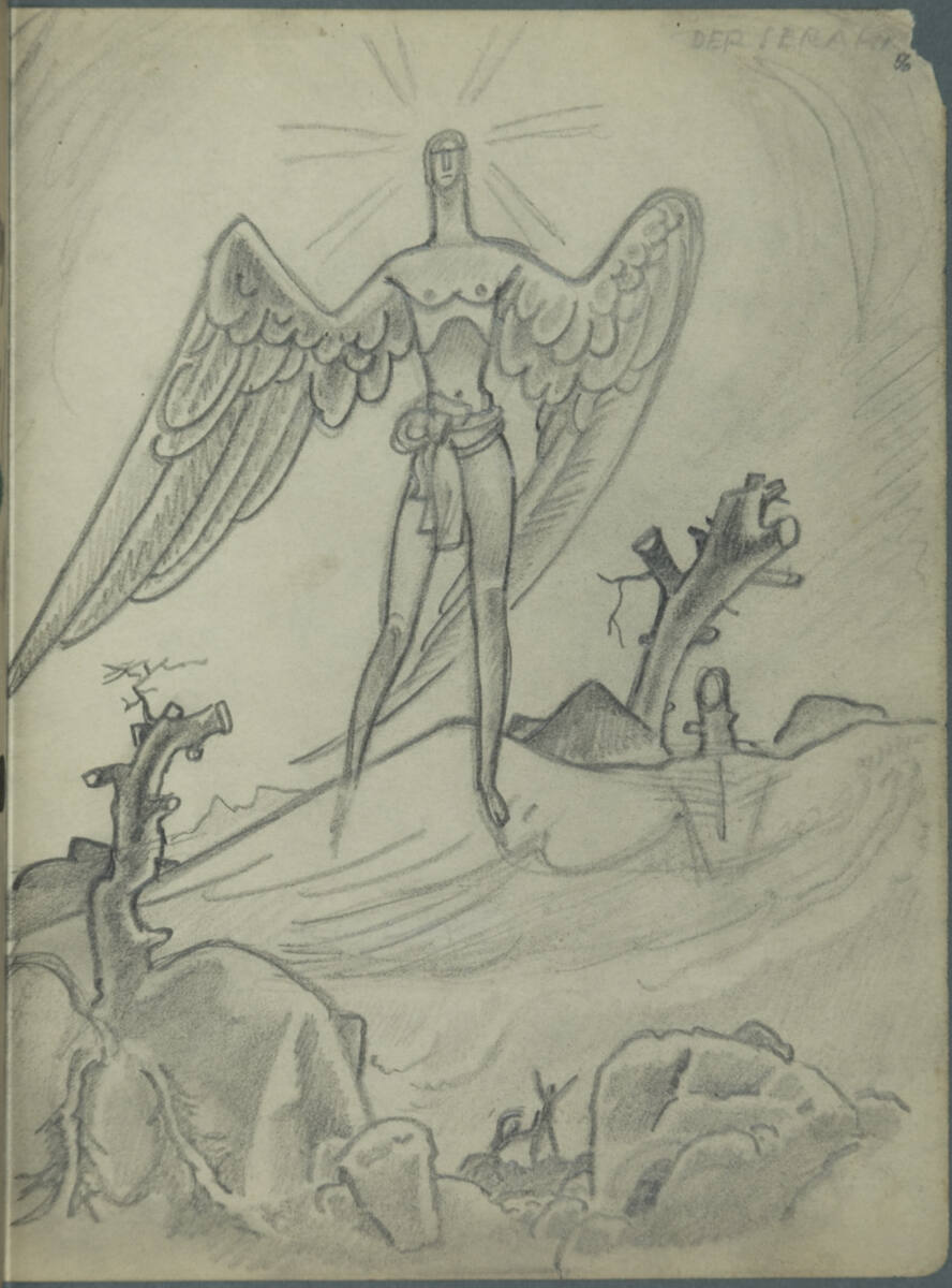 Märchenhafte Darstellung eines Seraph in unwirklicher Landschaft, Franz Wacik, 1915