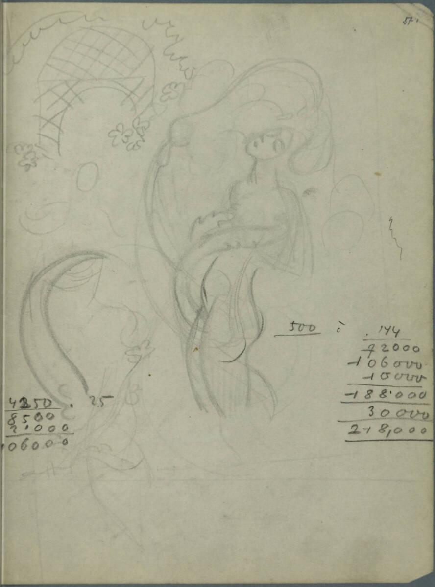 Franz Wacik, Skizze einer elfengleichen Gestalt in unwirklichem Raum; Rechnungen, Inv. Nr.: 387…