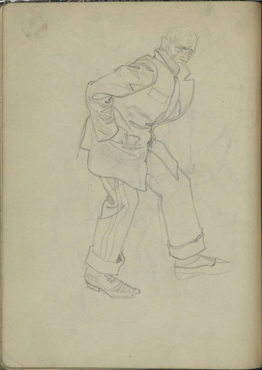 Karikaturhafte Skizze eines gehenden Mannes, Franz Wacik, 1915