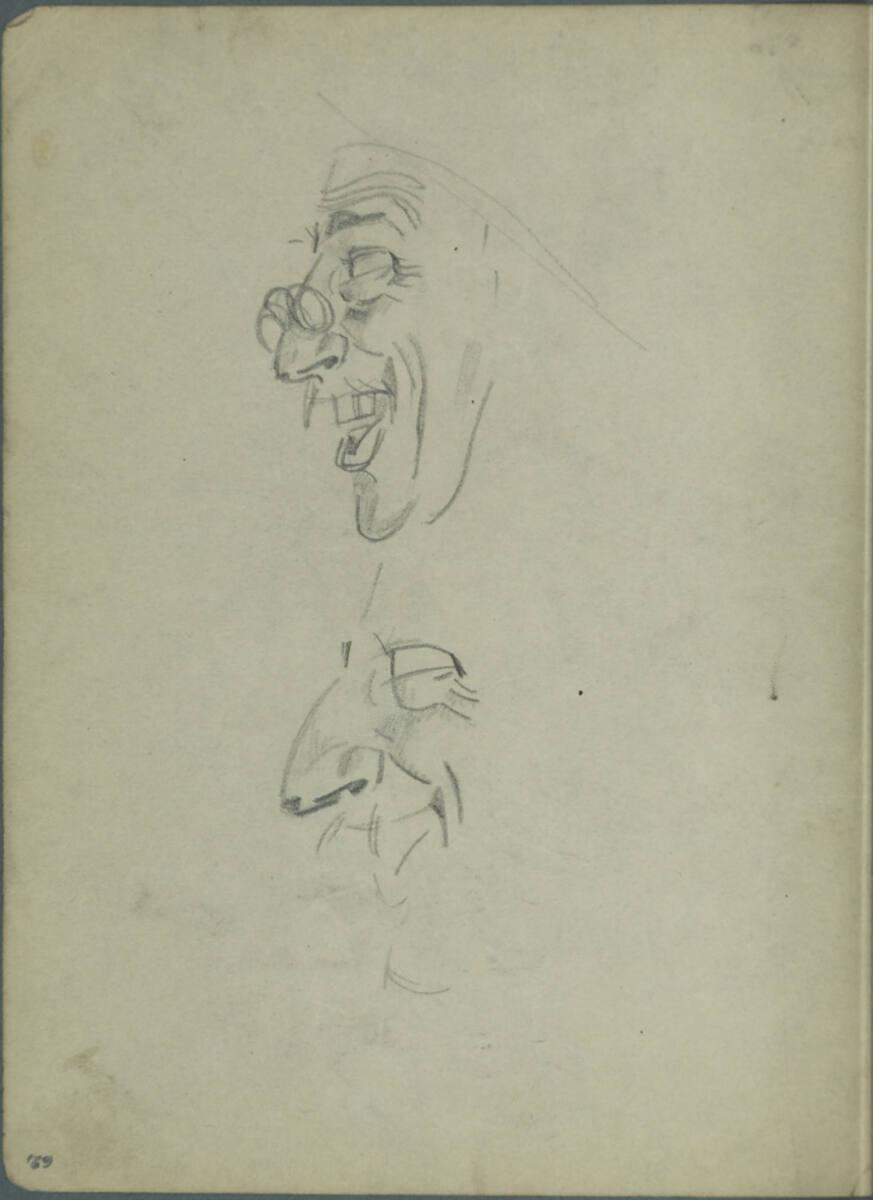 Franz Wacik, Zwei karikierte Gesichter im Profil (im Skizzenbuch kopfstehend), Inv. Nr.: 38796/…