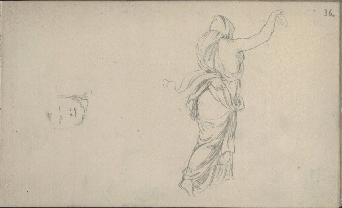 Emerich Alexius Swoboda, Schreitende Skulptur in Draperie von hinten; Gesichtsskizze, Inv. Nr.:…