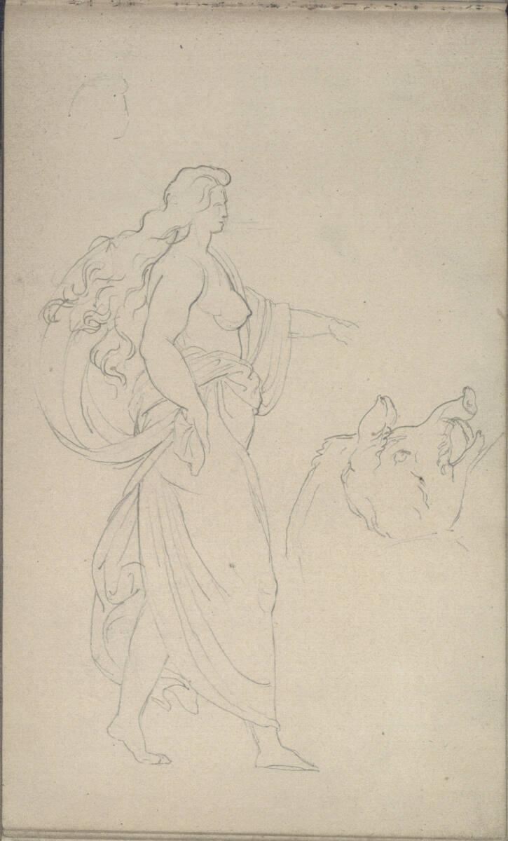 Emerich Alexius Swoboda, Figurenstudie einer Frau mit Draperie; Skizze eines Wildschweines, Inv…
