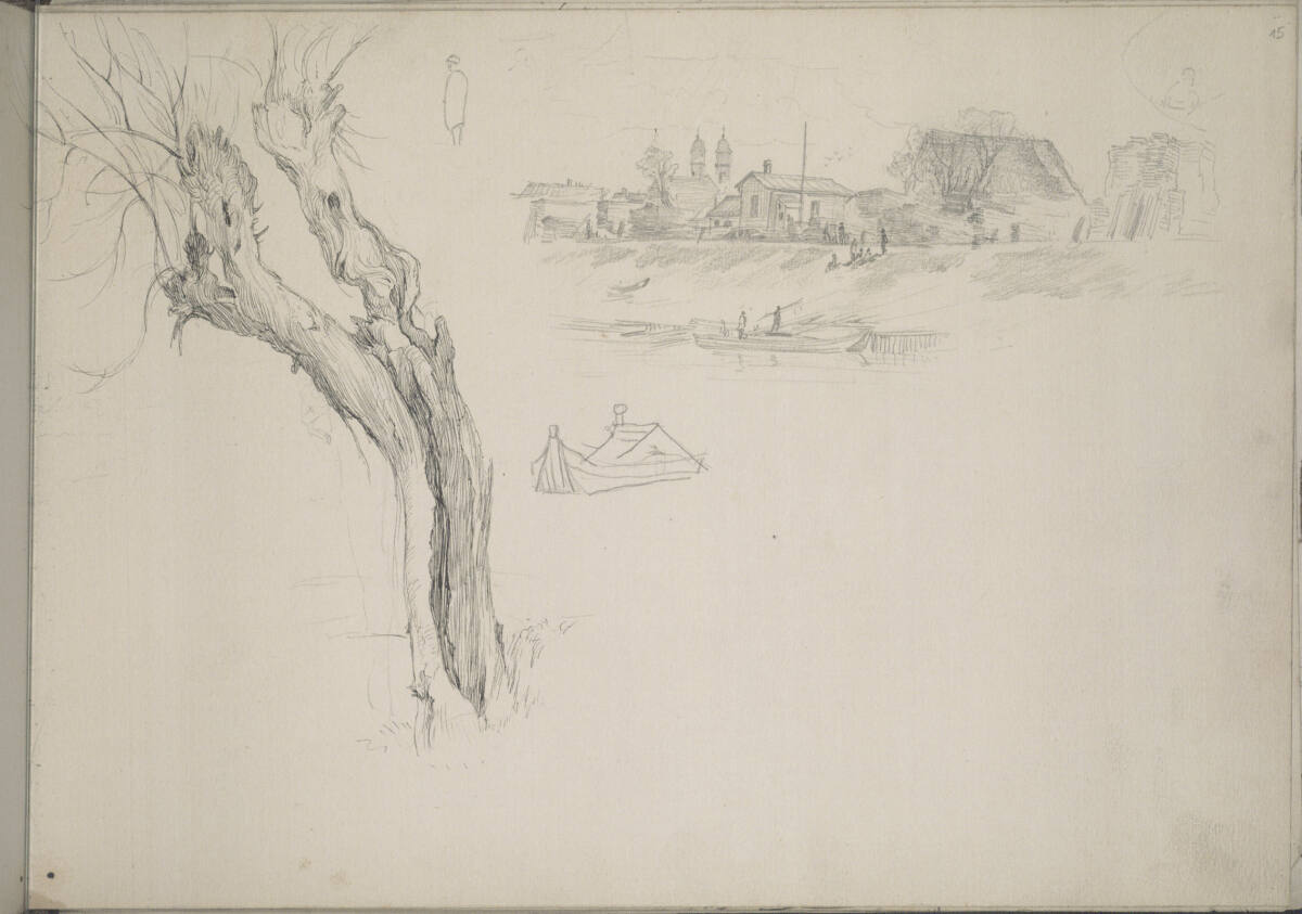 Studie eines Weidenbaumes, dahinter Szene am Donauufer, Ludwig Rösch