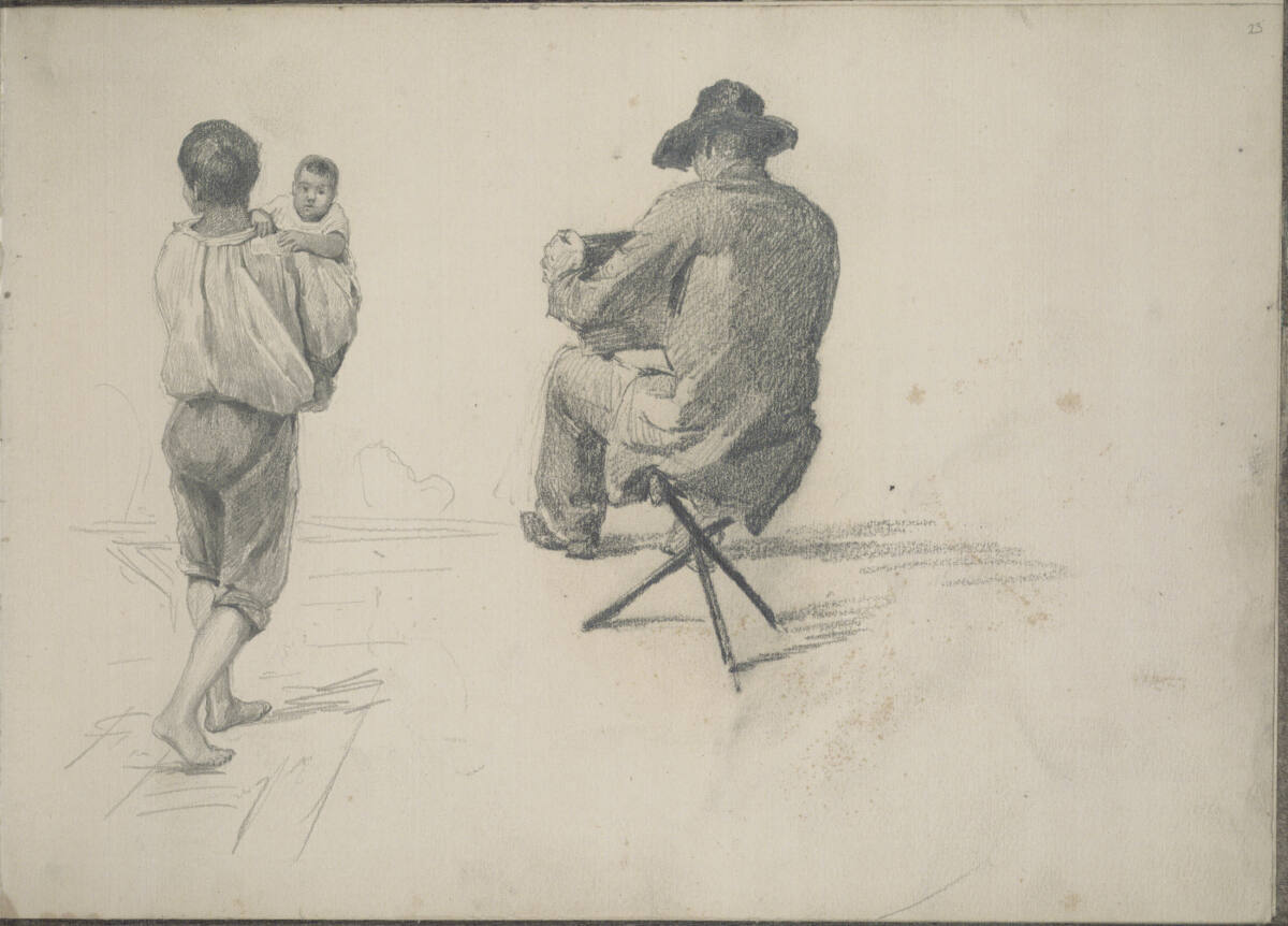 Figurenstudien eines Mannes, ein Kind tragend, und Rückenfigur eines sitzenden Mannes, beim Zeichnen(?), Ludwig Rösch