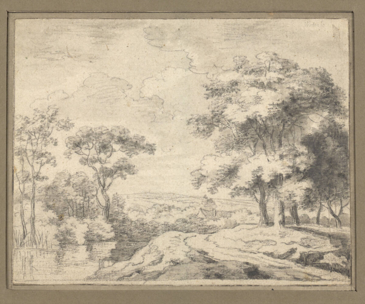 Baumreiche Landschaft mit Weg an einem Flußufer, Antonie Waterloo