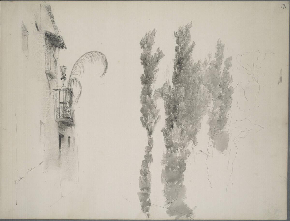 Ludwig Rösch, Fluchtende Hausfront mit schmiedeeisenem Balkon; Pappelstudien, Inv. Nr.: 30219/1…