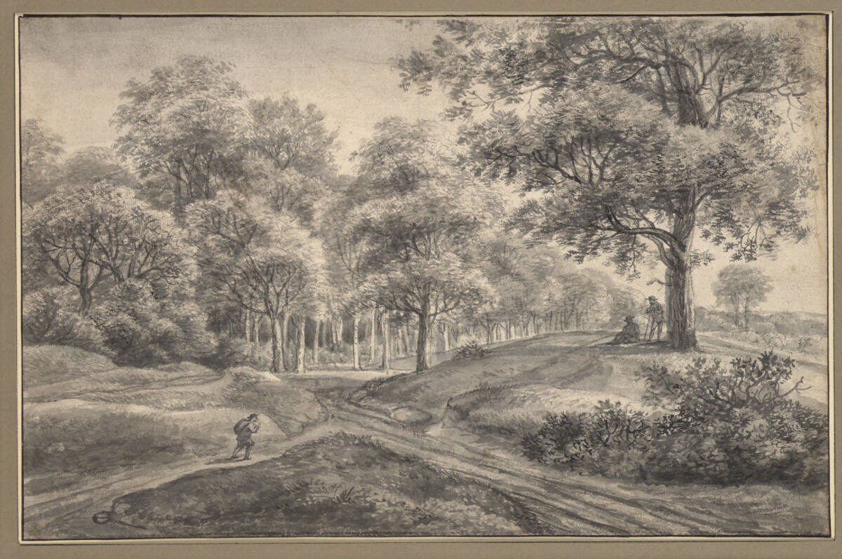 Wald- und Wiesenlandschaft mit Weggabelung und Figurenstaffage, Antonie Waterloo
