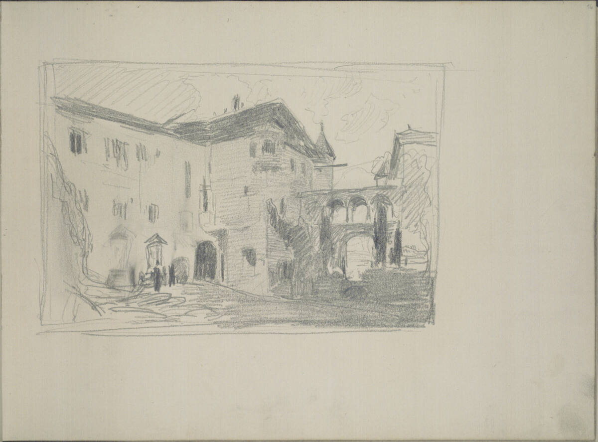 Bildkompositionsskizze einer Stadt (Burgeis?), Ludwig Rösch