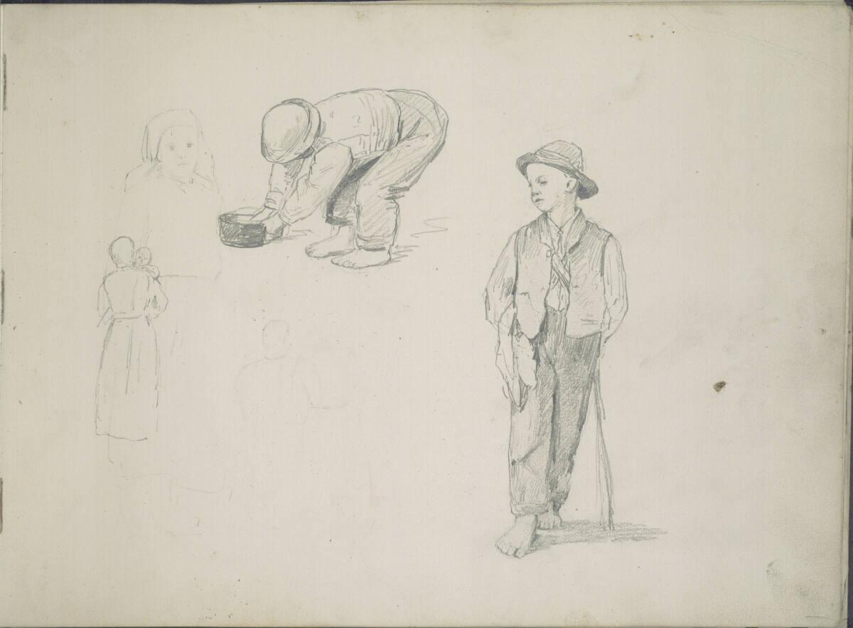 Bursch mit Stock und Hut, vornüber gebeugter Bursch mit Schüssel, Skizze einer Bäuerin, Frau mit Kind von hinten (im Skizzenbuch kopfstehend), Ludwig Rösch