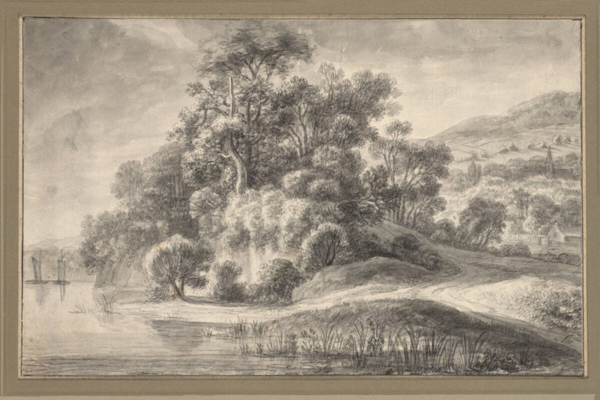 Baumreiche Uferlandschaft, im Hintergrund zwei Segelboote und Berghang mit Dorf, Antonie Waterloo