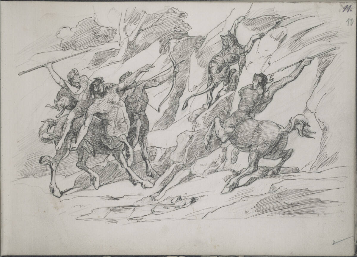 Römisches Skizzenbuch: Drei Kentauren und ein junger Held (Achilles ?) jagen einen Berglöwen in der Felswand, Friedrich Preller the Elder, 1875–1876