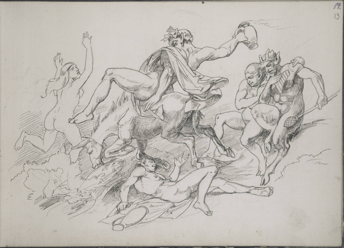 Römisches Skizzenbuch: Ein betrunkener Silen reitet auf einem Esel über einen am Boden liegenden Kumpanen; eine Nymphe und ein Satyrpaar entfliehen, Friedrich Preller the Elder, 1875–1876