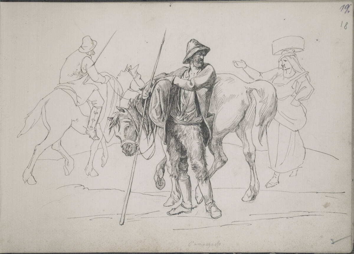Römisches Skizzenbuch: Zwei Bauern mit Pferden lassen sich von einer Landfrau den Weg weisen, Friedrich Preller the Elder, 1875–1876