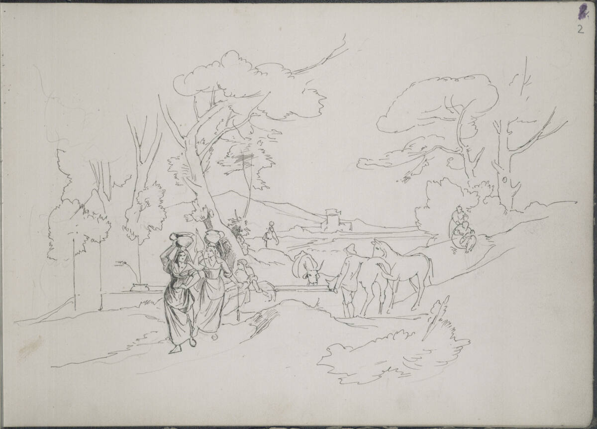 Römisches Skizzenbuch: Landleute, Wasserträgerinnen und ein Mann mit zwei Pferden und einer Kuh an der Tränke zwischen Bäumen, im Hintergrund Vorgebirgsebene mit Festungsruine, Friedrich Preller the Elder, 1875–1876