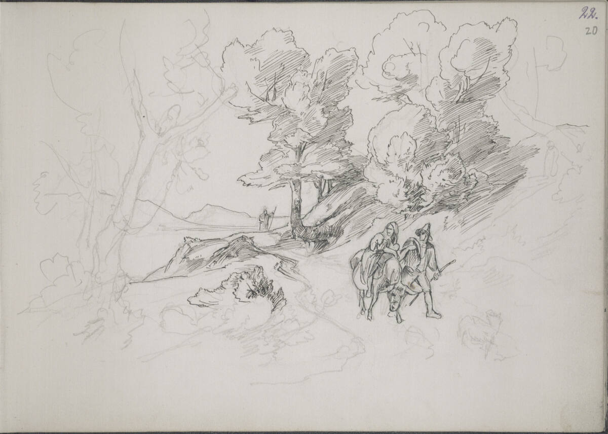 Römisches Skizzenbuch: Bauernpaar mit einem Maultier auf dem Weg durch eine hügelige Landschaft mit Bäumen; Fernblick auf eine Bergkette, Friedrich Preller the Elder, 1875–1876