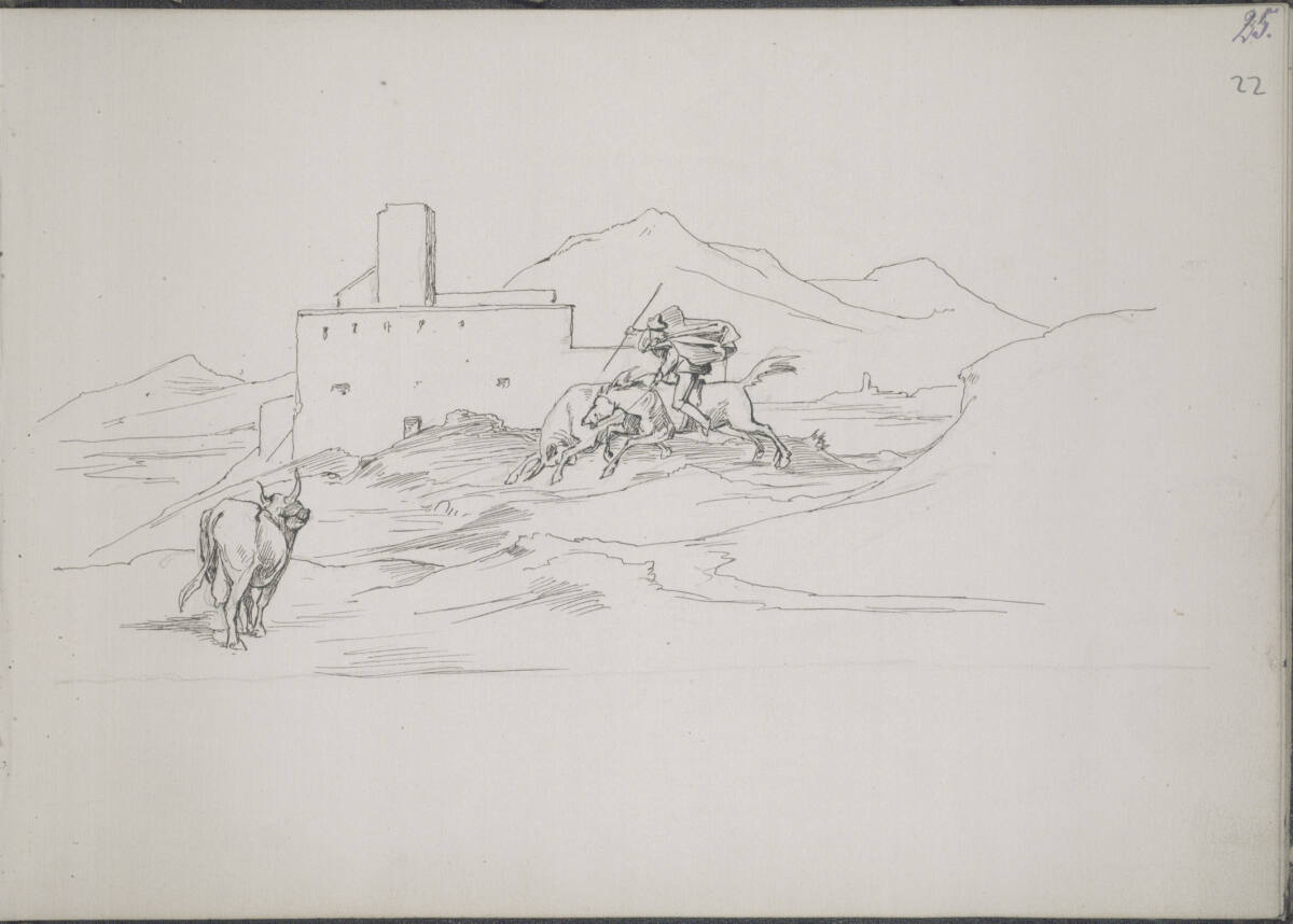 Römisches Skizzenbuch: Ein berittener Bauer verfolgt einen Stier in einer Landschaft mit Festungsruinen vor einer Bergkulisse, Friedrich Preller the Elder, 1875–1876
