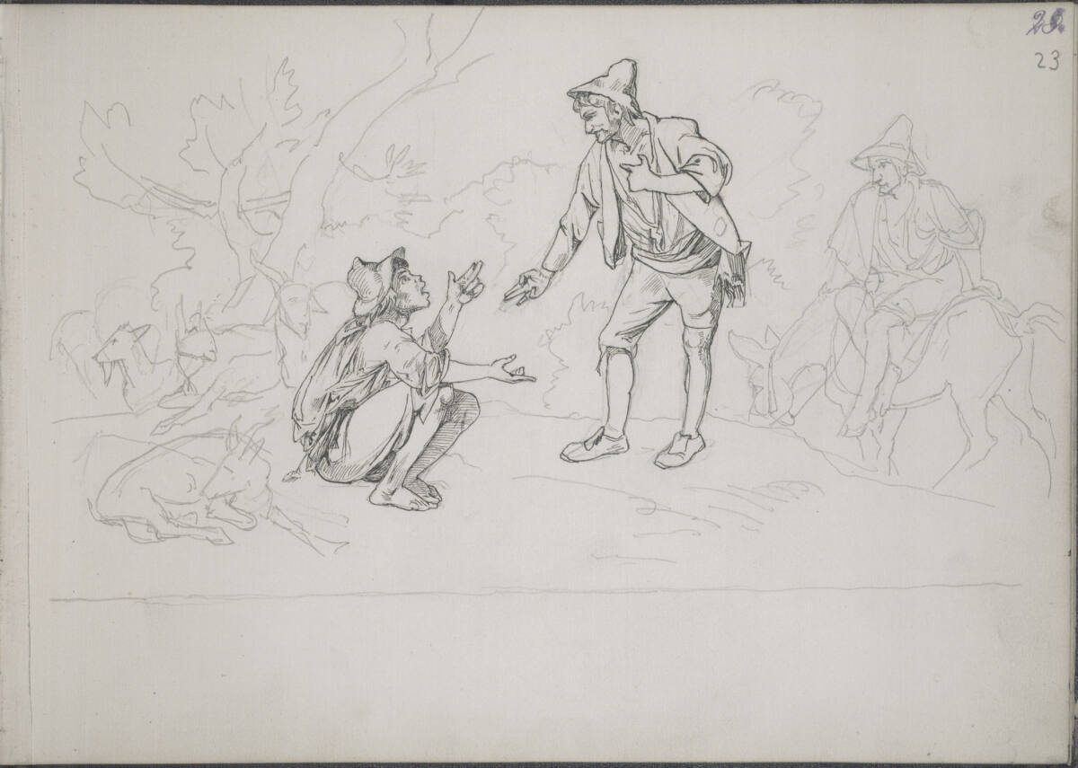 Römisches Skizzenbuch: Hockender Ziegenhirte gibt einem Bauern Auskunft; im Hintergrund wartend ein Bauer auf einem Esel, Friedrich Preller the Elder, 1875–1876