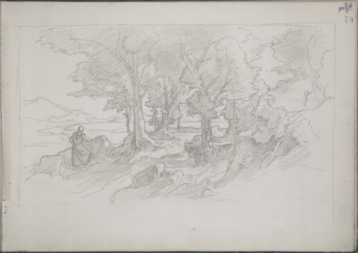 Römisches Skizzenbuch: Mönch am Rande eines Olivenhains stehend blickt ins weite Land, Friedrich Preller the Elder, 1875–1876